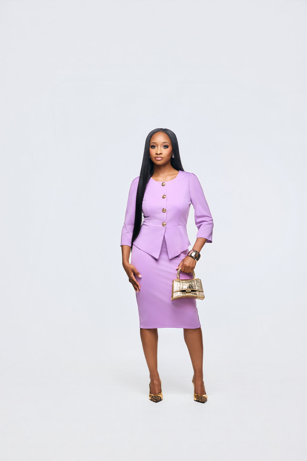 Classy purple skirt set for women with peplum jacket and pencil skirt