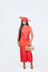 Classy red midi dress for women with gold button details and belted waist