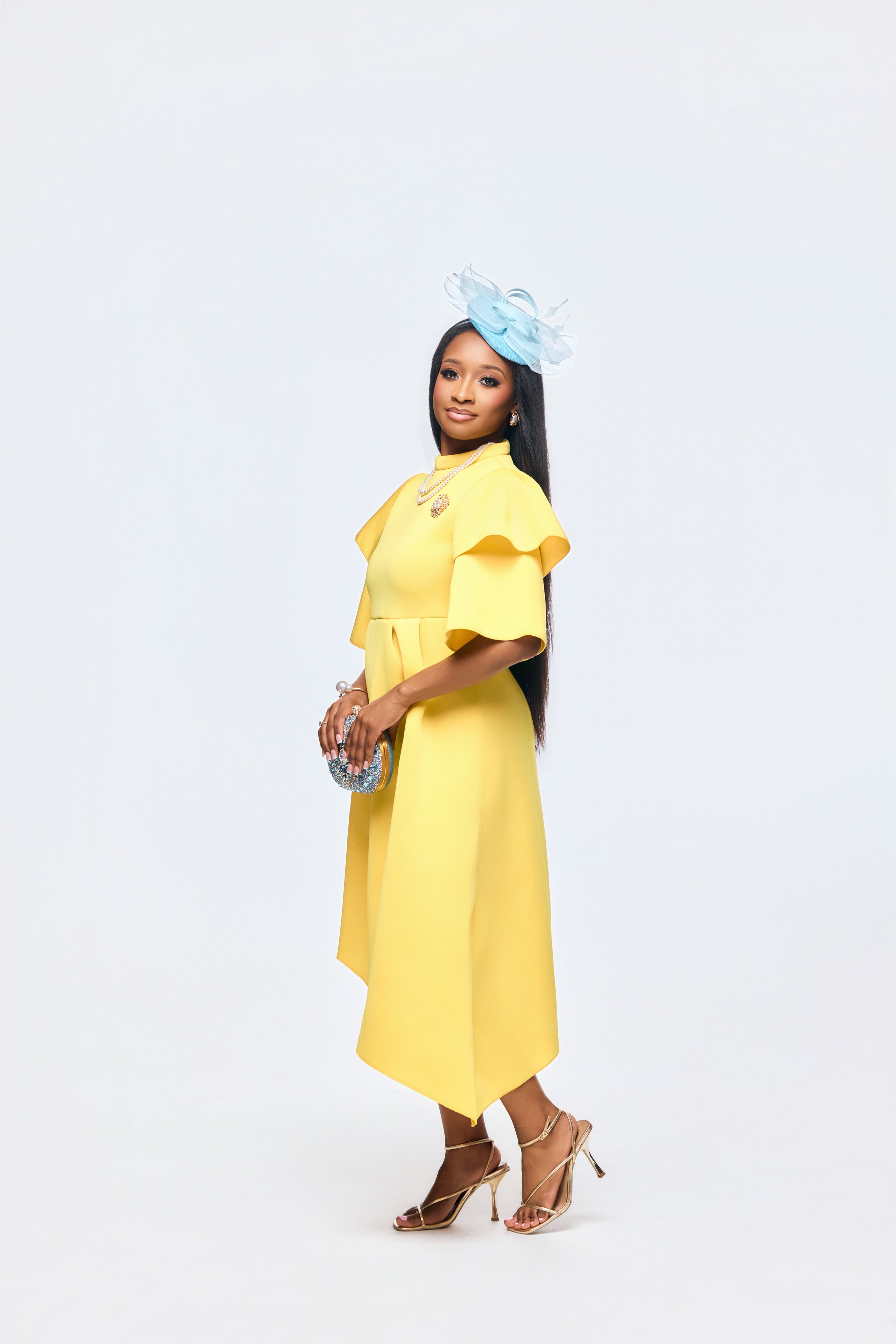 Elegant yellow midi dress with double-layer ruffle sleeves