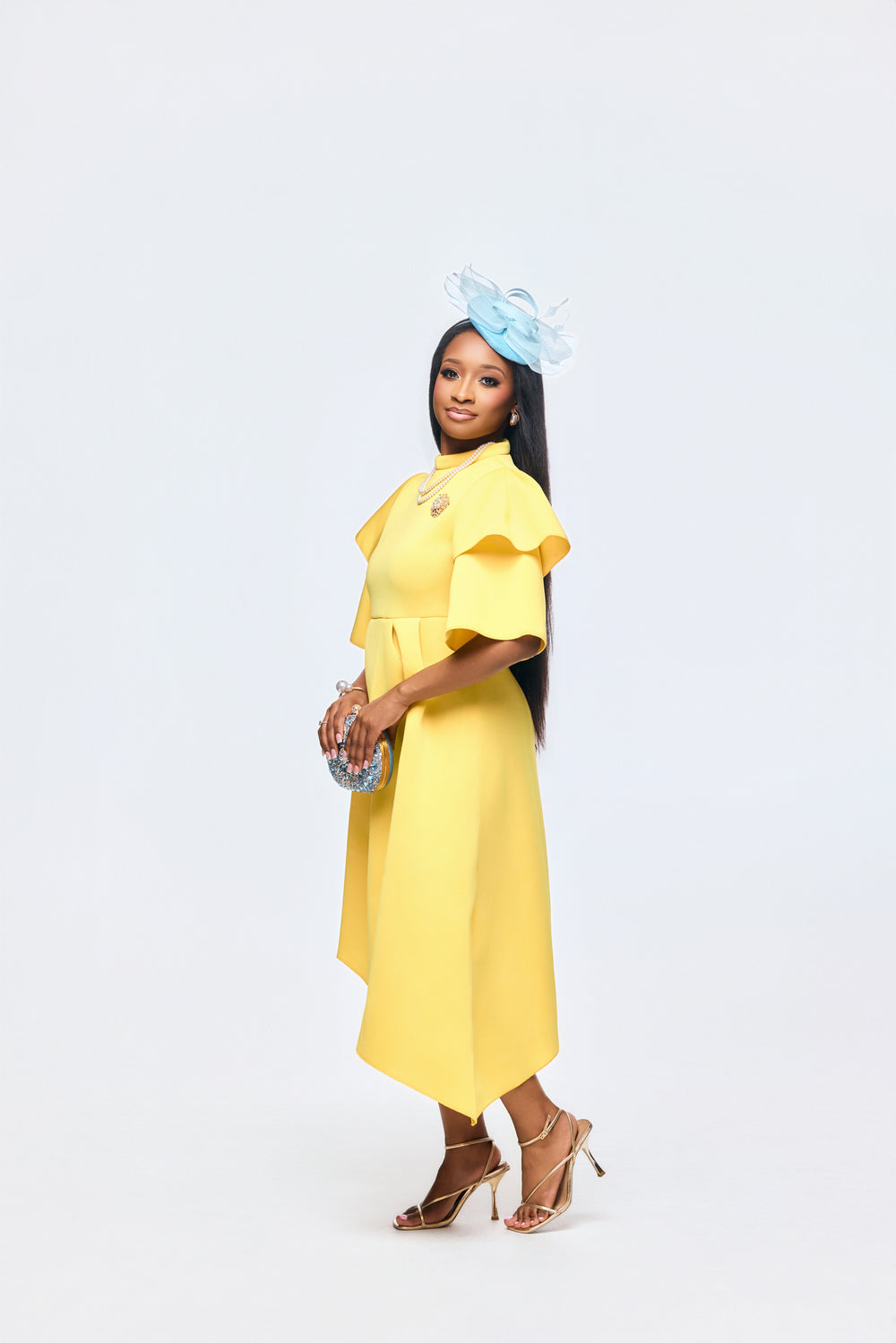 Elegant yellow midi dress with double-layer ruffle sleeves