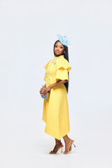 Elegant yellow midi dress with double-layer ruffle sleeves
