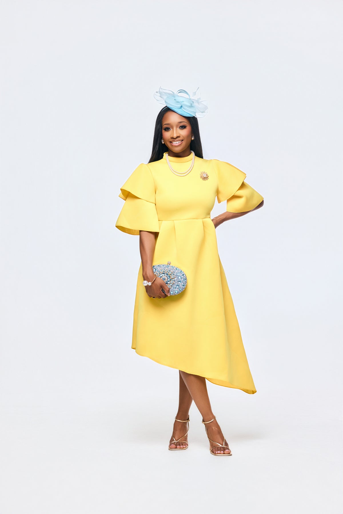 Classy yellow church dress for women with ruffle sleeves