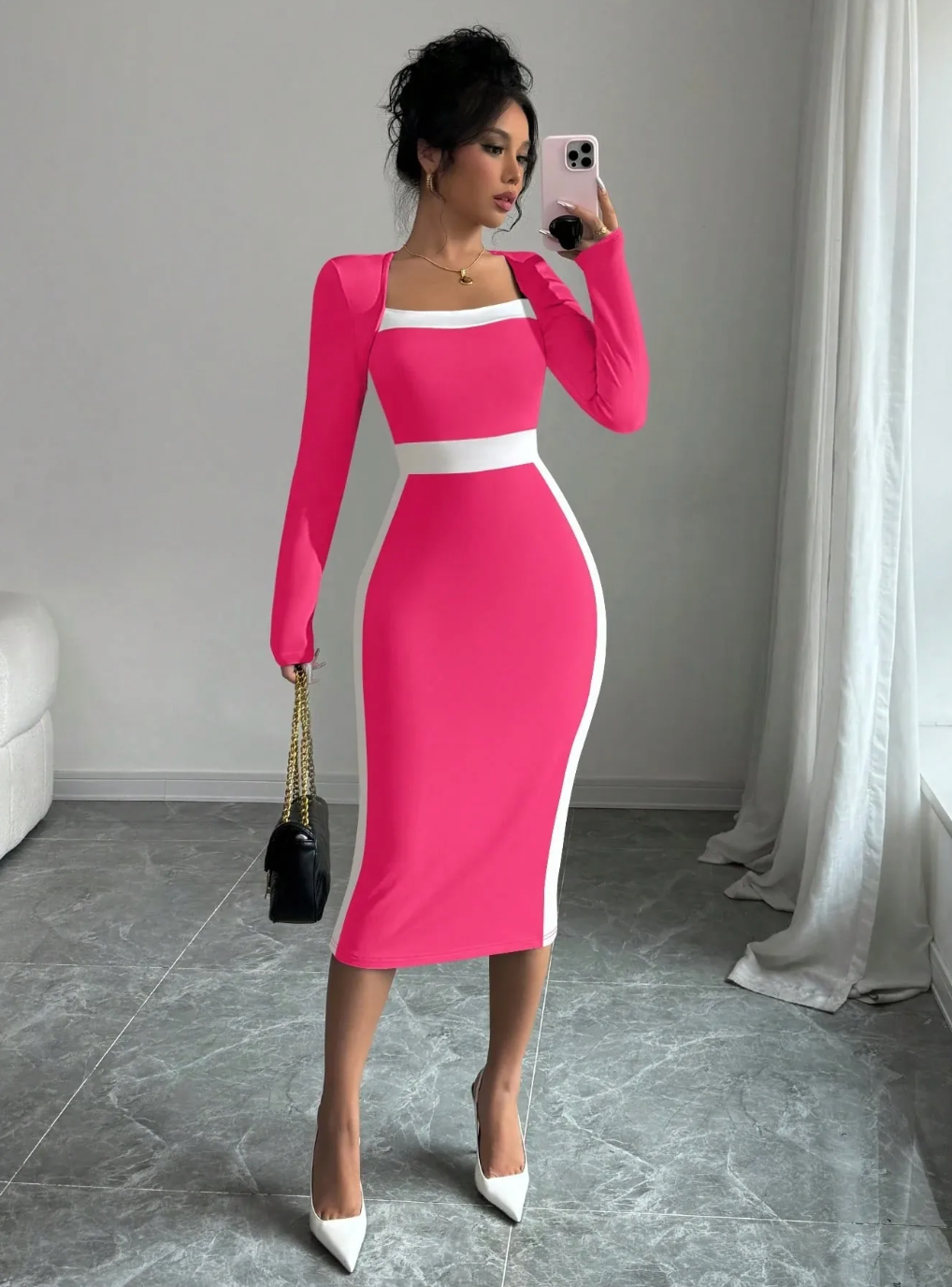Neon Pink and White Midi Dress